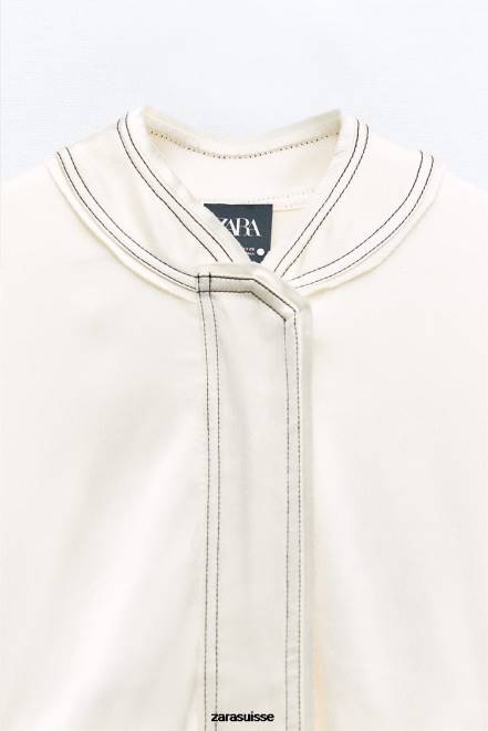 Zara vêtements P66V112 femmes bomber à surpiqûres effet satiné écru moyen