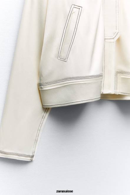 Zara vêtements P66V112 femmes bomber à surpiqûres effet satiné écru moyen