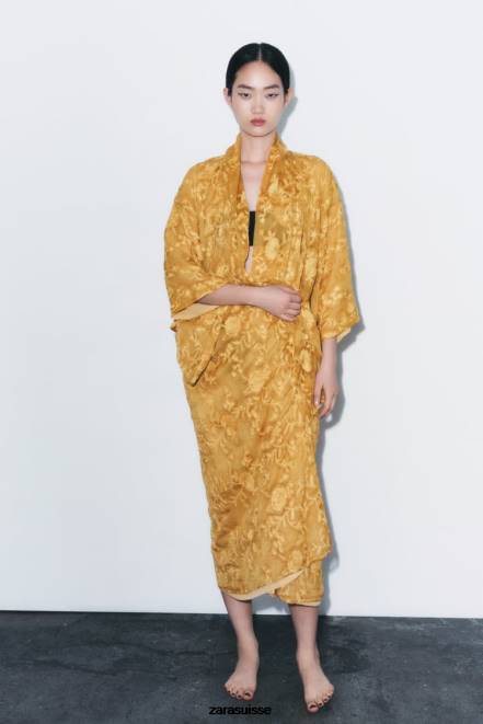 Zara vêtements P66V113 femmes kimono brodé moutarde
