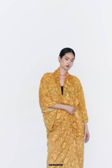 Zara vêtements P66V113 femmes kimono brodé moutarde