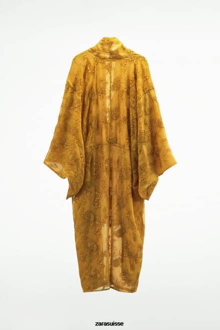 Zara vêtements P66V113 femmes kimono brodé moutarde