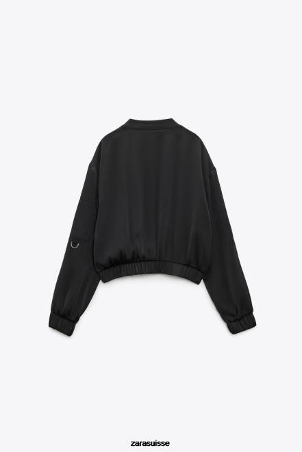 Zara vêtements P66V116 femmes blouson aviateur en satin noir