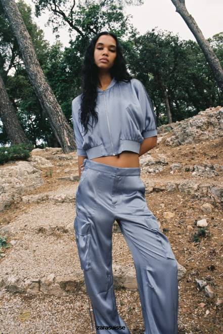 Zara vêtements P66V122 femmes bomber court effet satiné bleu