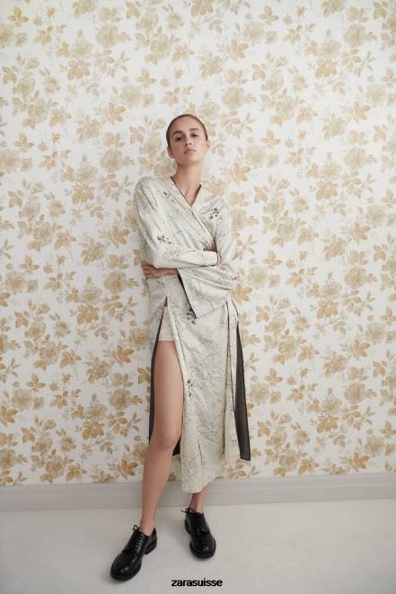 Zara vêtements P66V132 femmes kimono imprimé brodé blanc d'huître