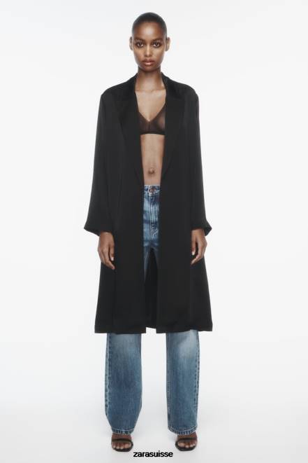 Zara vêtements P66V135 femmes trench-coat effet satiné noir
