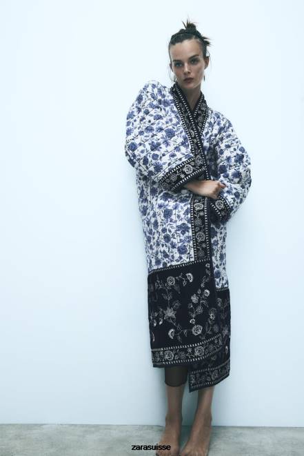 Zara vêtements P66V16 femmes kimono fleuri matelassé bleu