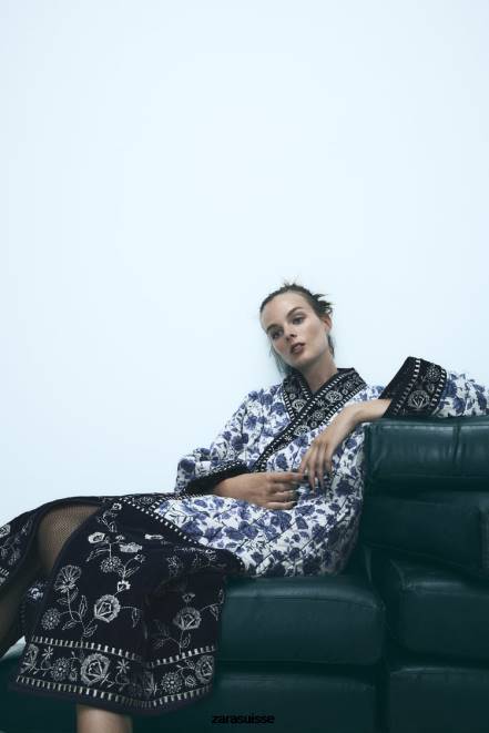 Zara vêtements P66V16 femmes kimono fleuri matelassé bleu