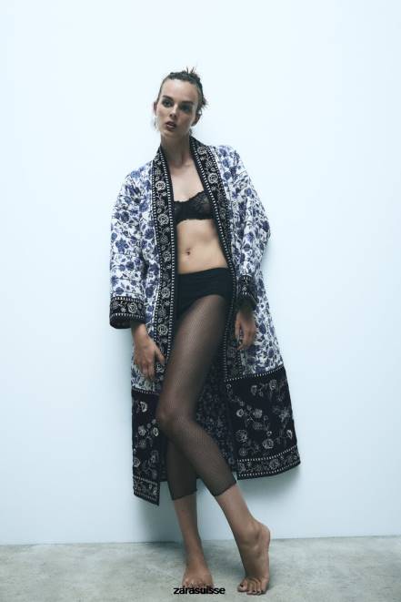 Zara vêtements P66V16 femmes kimono fleuri matelassé bleu