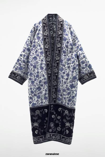 Zara vêtements P66V16 femmes kimono fleuri matelassé bleu