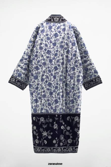 Zara vêtements P66V16 femmes kimono fleuri matelassé bleu