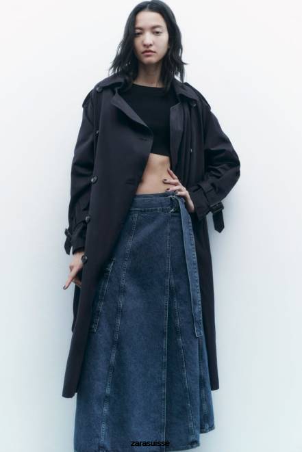 Zara vêtements P66V17 femmes trench-coat oversize déperlant à ceinture bleu marine