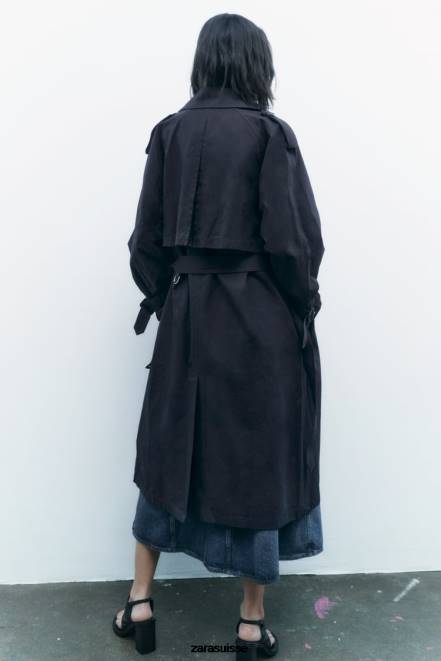 Zara vêtements P66V17 femmes trench-coat oversize déperlant à ceinture bleu marine
