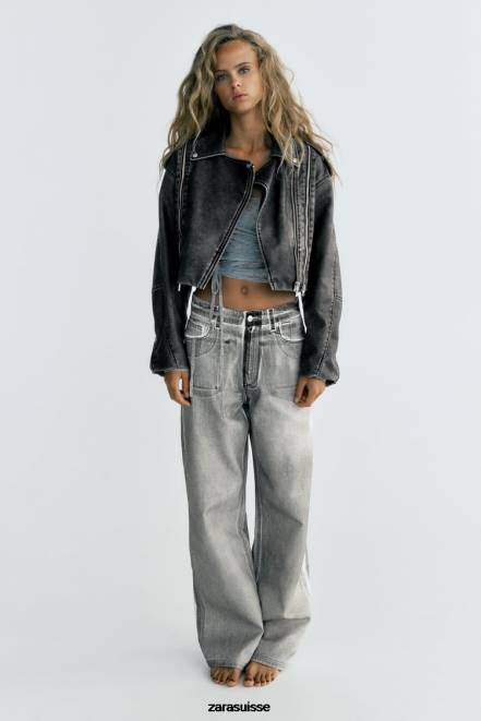 Zara vêtements P66V18 femmes veste motard en similicuir effet vieilli gris