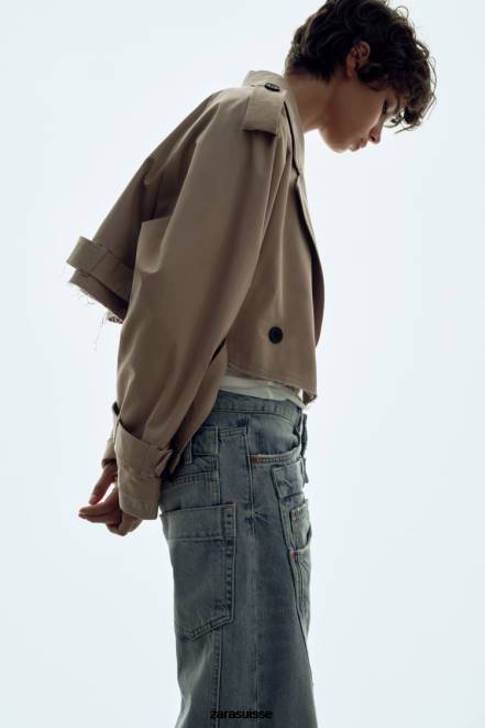 Zara vêtements P66V21 femmes veste motard courte oversize marron taupe