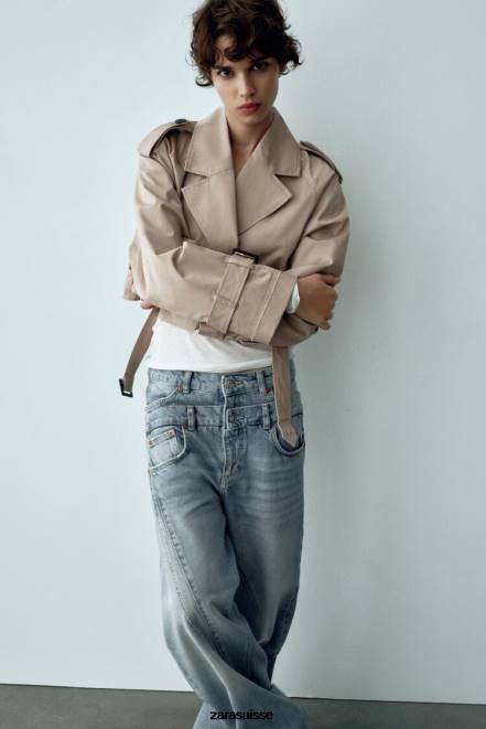 Zara vêtements P66V21 femmes veste motard courte oversize marron taupe