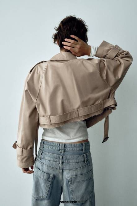 Zara vêtements P66V21 femmes veste motard courte oversize marron taupe