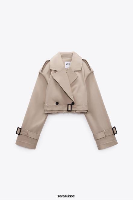 Zara vêtements P66V21 femmes veste motard courte oversize marron taupe