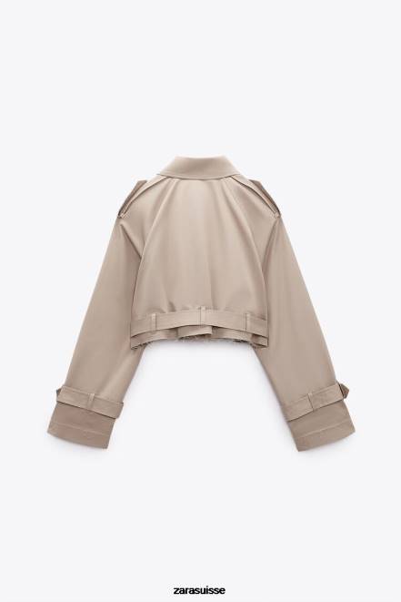 Zara vêtements P66V21 femmes veste motard courte oversize marron taupe