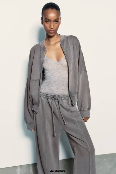 Zara vêtements P66V25 femmes sweat-shirt bomber à fermeture éclair bleu-gris