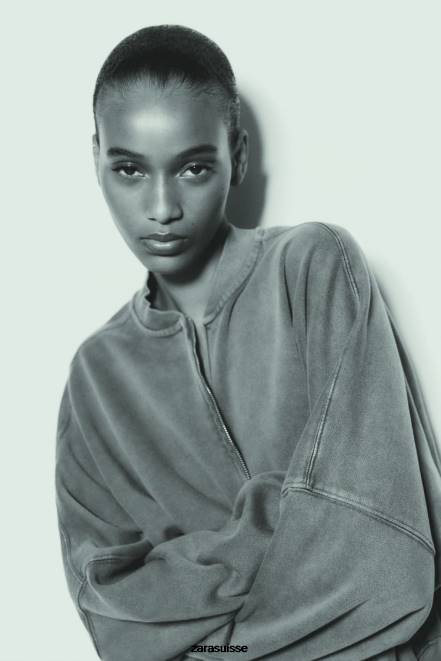 Zara vêtements P66V25 femmes sweat-shirt bomber à fermeture éclair bleu-gris