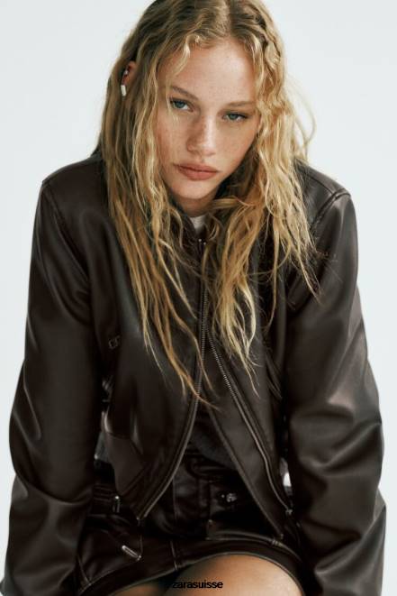 Zara vêtements P66V26 femmes bombardier en similicuir noir
