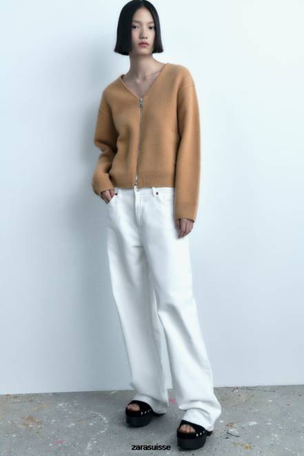 Zara vêtements P66V27 femmes bomber en laine à fermeture éclair marron taupe