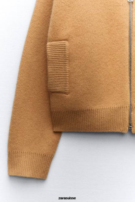 Zara vêtements P66V27 femmes bomber en laine à fermeture éclair marron taupe