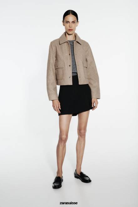 Zara vêtements P66V28 femmes veste courte douce marron taupe