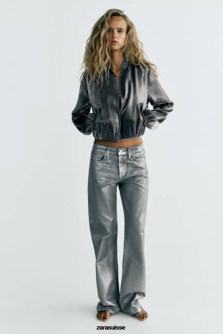Zara vêtements P66V31 femmes blouson aviateur en satin métallisé argent