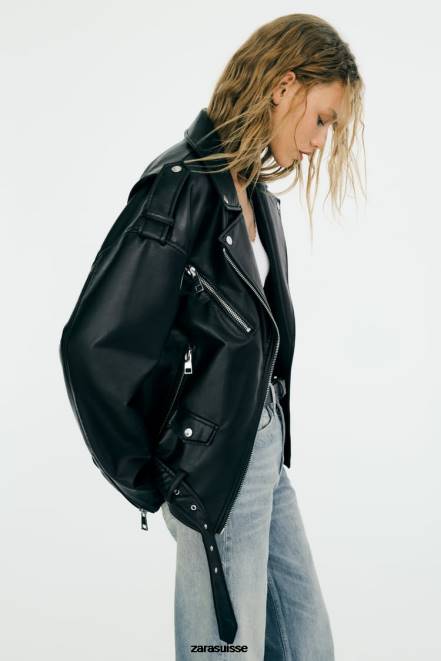 Zara vêtements P66V32 femmes veste oversize en similicuir noir