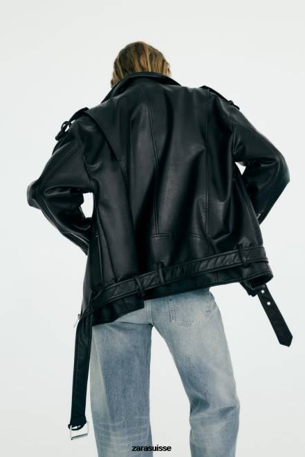 Zara vêtements P66V32 femmes veste oversize en similicuir noir