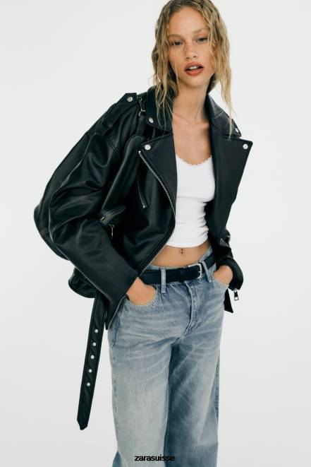Zara vêtements P66V32 femmes veste oversize en similicuir noir