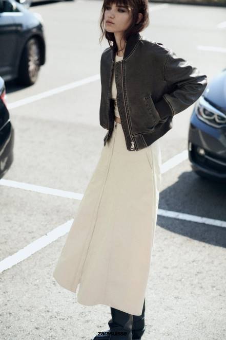 Zara vêtements P66V34 femmes blouson aviateur en similicuir effet vieilli noir