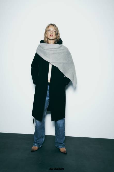 Zara vêtements P66V3 femmes manteau à capuche doux noir