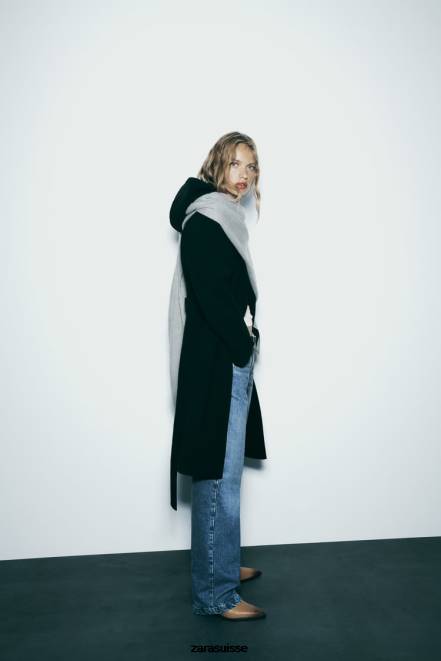 Zara vêtements P66V3 femmes manteau à capuche doux noir