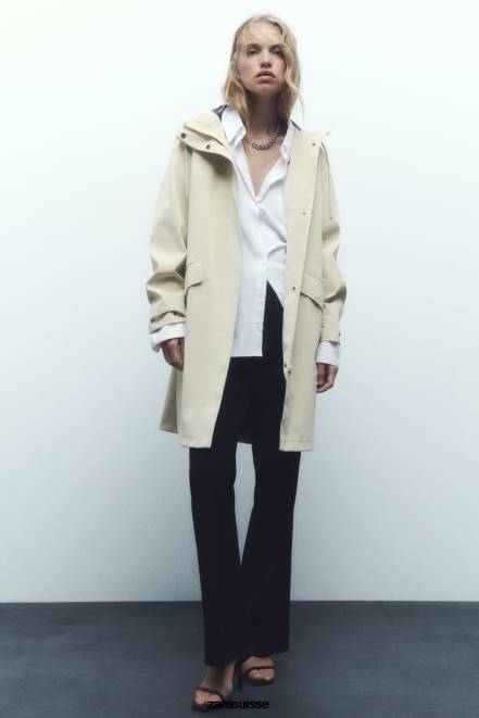 Zara vêtements P66V40 femmes imperméable caoutchouté avec protection contre l'eau et le vent écru