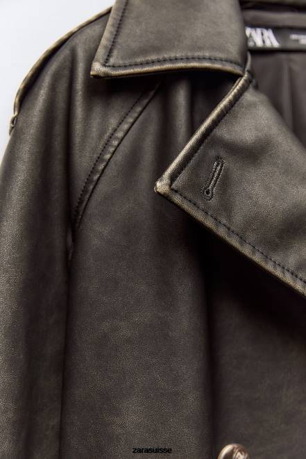 Zara vêtements P66V42 femmes trench-coat en similicuir effet vieilli noir