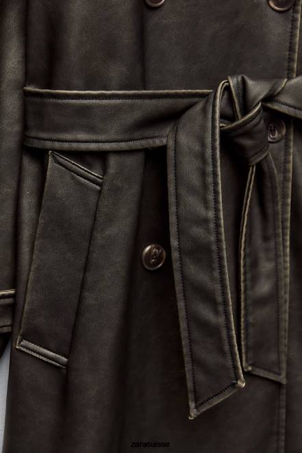 Zara vêtements P66V42 femmes trench-coat en similicuir effet vieilli noir