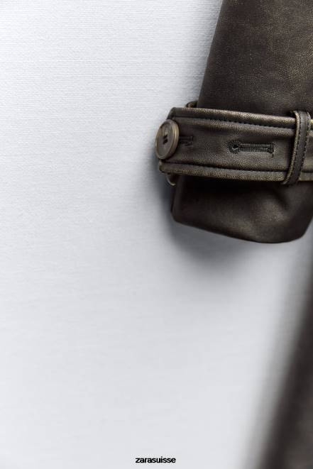 Zara vêtements P66V42 femmes trench-coat en similicuir effet vieilli noir