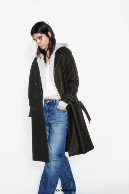 Zara vêtements P66V42 femmes trench-coat en similicuir effet vieilli noir