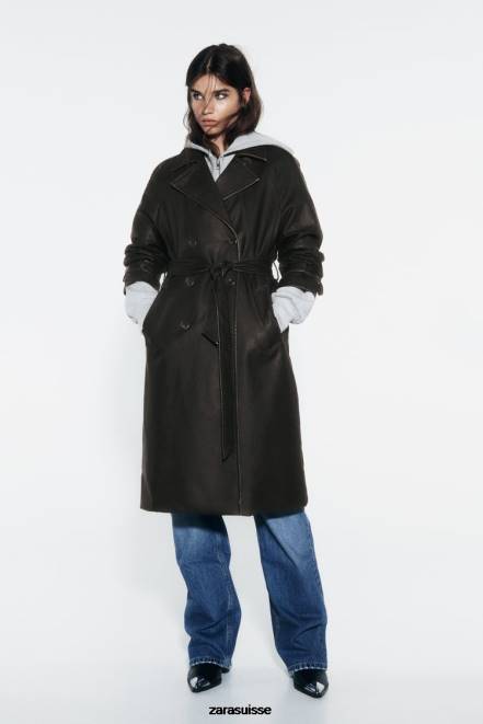 Zara vêtements P66V42 femmes trench-coat en similicuir effet vieilli noir
