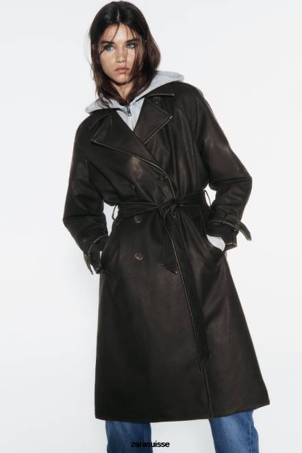 Zara vêtements P66V42 femmes trench-coat en similicuir effet vieilli noir