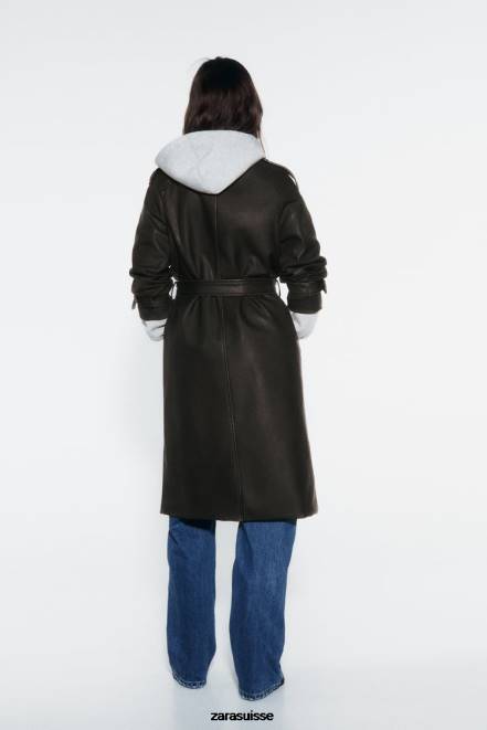 Zara vêtements P66V42 femmes trench-coat en similicuir effet vieilli noir