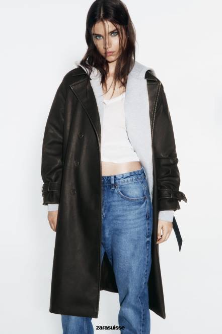 Zara vêtements P66V42 femmes trench-coat en similicuir effet vieilli noir