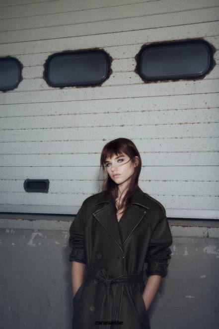 Zara vêtements P66V42 femmes trench-coat en similicuir effet vieilli noir