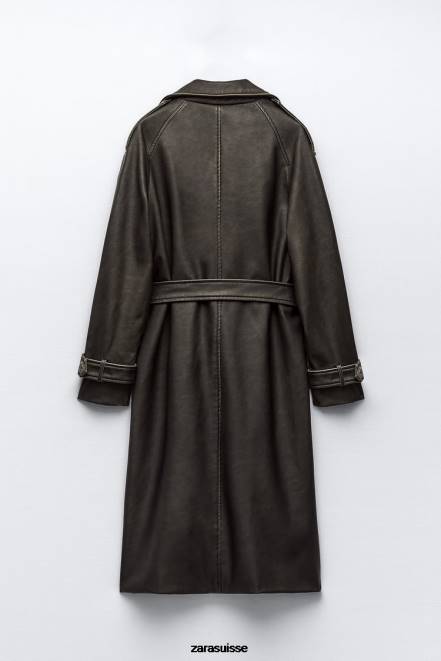 Zara vêtements P66V42 femmes trench-coat en similicuir effet vieilli noir