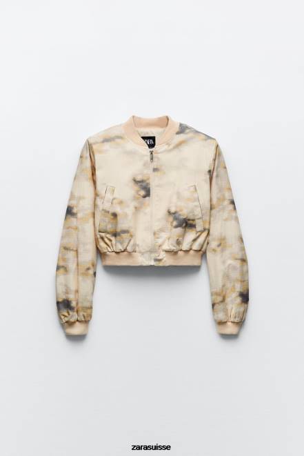 Zara vêtements P66V43 femmes bombardier imprimé beige