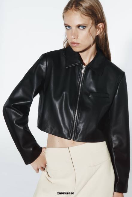 Zara vêtements P66V47 femmes veste courte en similicuir noir