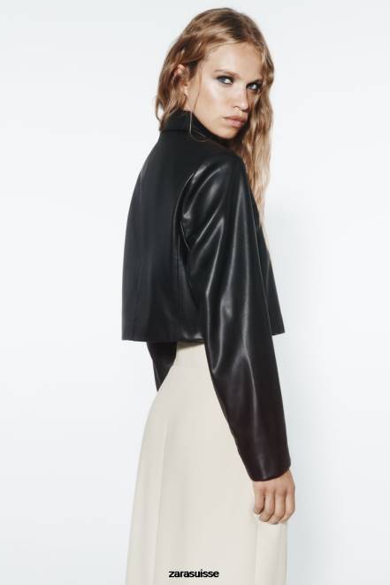 Zara vêtements P66V47 femmes veste courte en similicuir noir