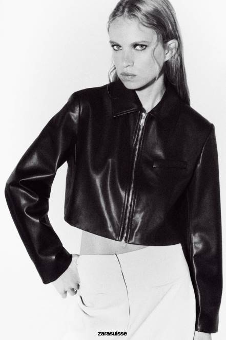 Zara vêtements P66V47 femmes veste courte en similicuir noir